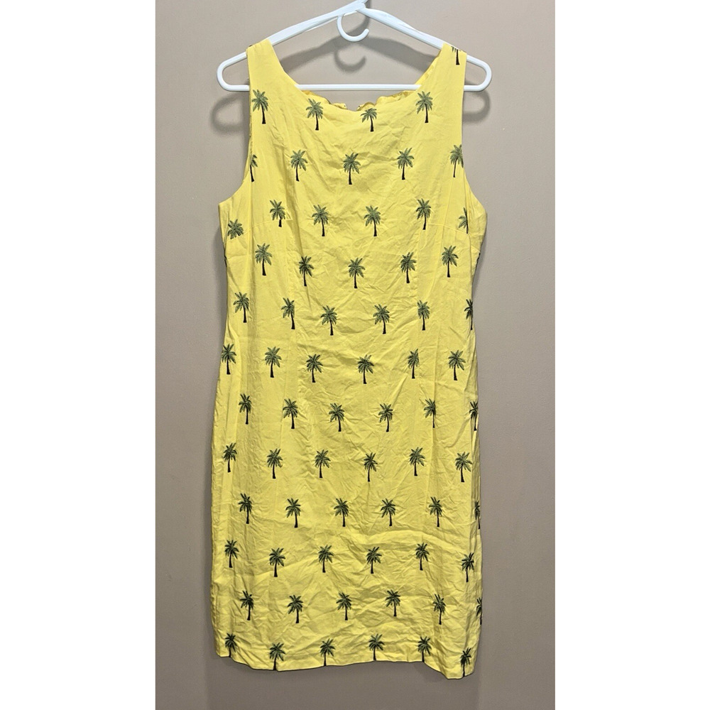 R&K Women Linen Yellow Palm Tree Sleeveless Dress 16 Embroidery Tropical Preppy